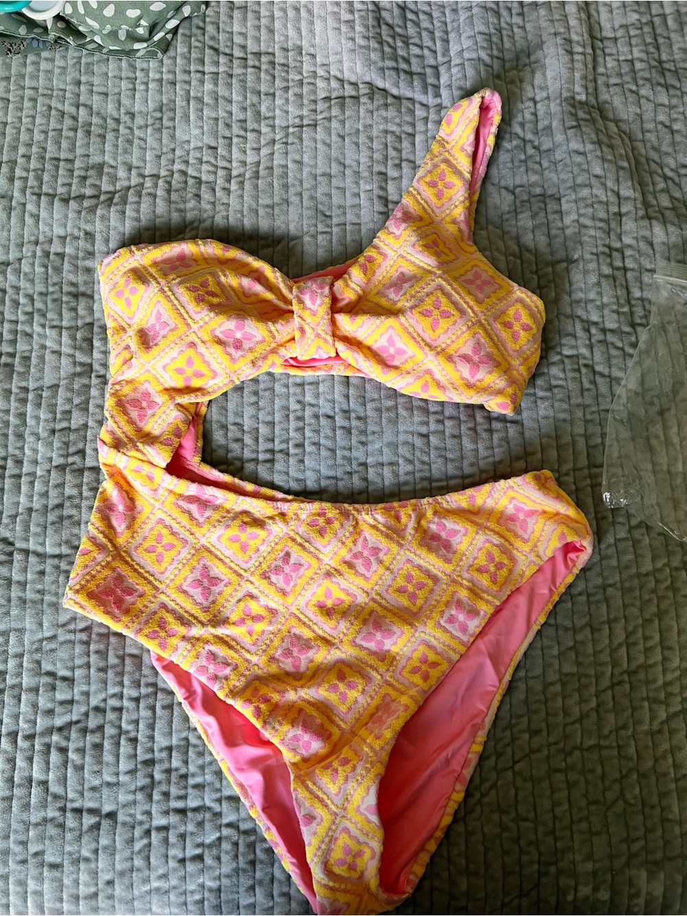 Pink and Yellow Patterned One-Shoulder Bikini Set